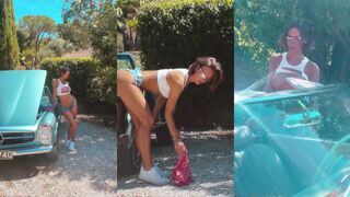 Rachel Cook flaunts her massive tits and tight nipples in a hot outdoor strip tease