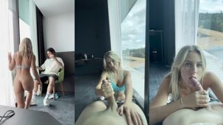Rebecca McLeod's hot hotel handjob and blowjob skills will make you cum in her mouth